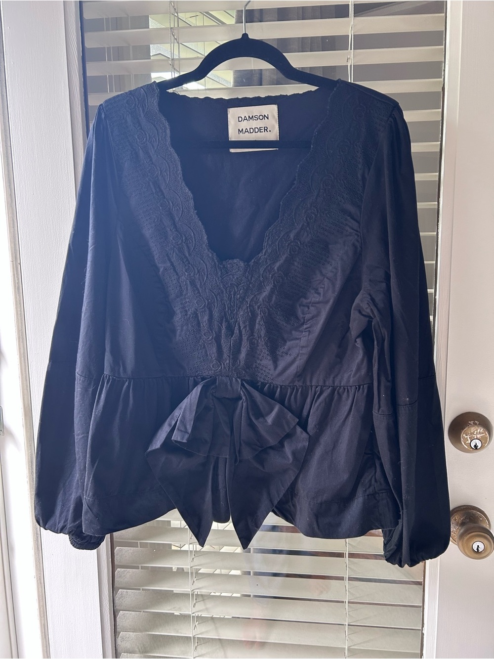 Damson Madder Black Blouse w/Scalloped V-Neck, Balloon Sleeves & Bow.UK16orUS12